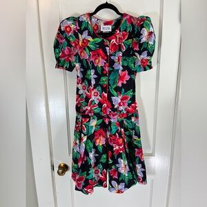 Vintage 80s Black Floral Puff Sleeve Romper Small